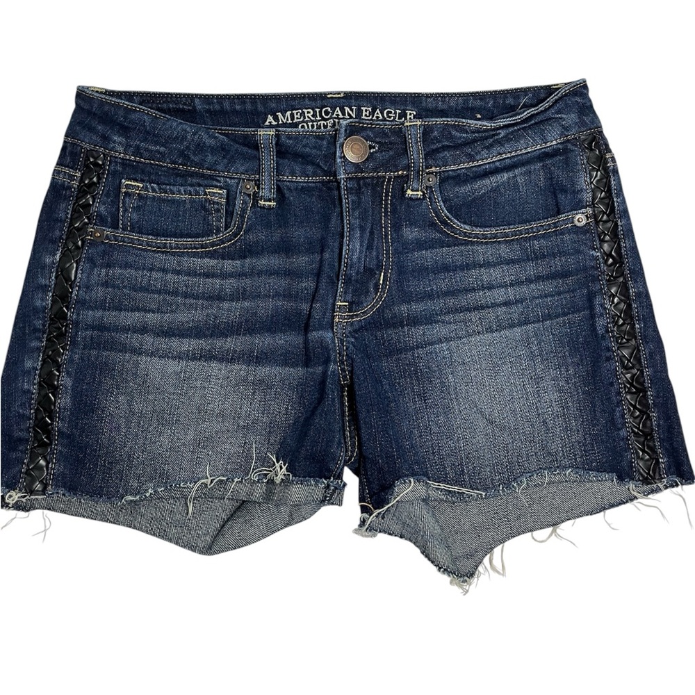 American Eagle Denim Cut off shorts Black Vegan leather Braided down side Size 6